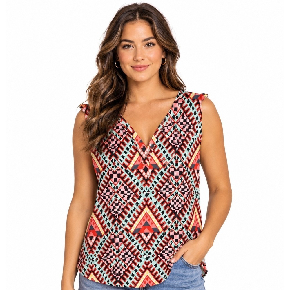 Renee C Geometric Tribal Print Sleeveless Blouse Women's Small Boho USA Made